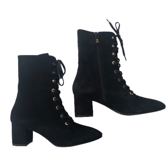 Stuart Weitzman Nichelle Black Suede Block-Heel Booties Lace-Up Size 8 Grommets - Picture 4 of 14